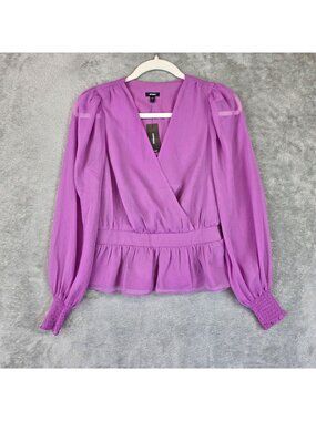 Express Blouse Womens S Purple V Neck Long Balloon Sleeve Ruffle Peplum Chiffon